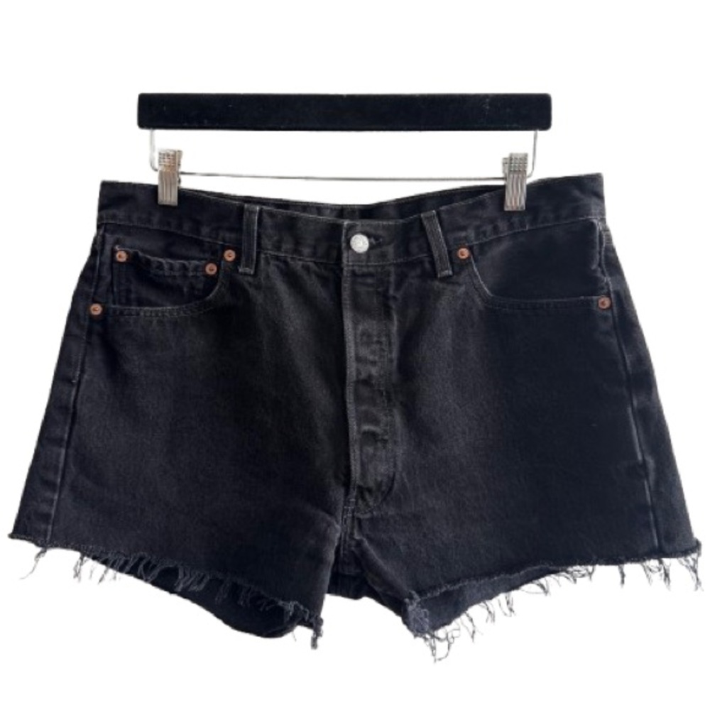 Vintage Levi’s 501 Washed Black Cut Off Shorts Raw Hem Button Fly High Rise 34”